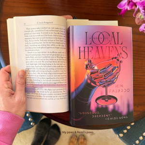 A photo of The Great Gatsby open to the page with the line, "...our local heavens" with the book Local Heavens next to it. 